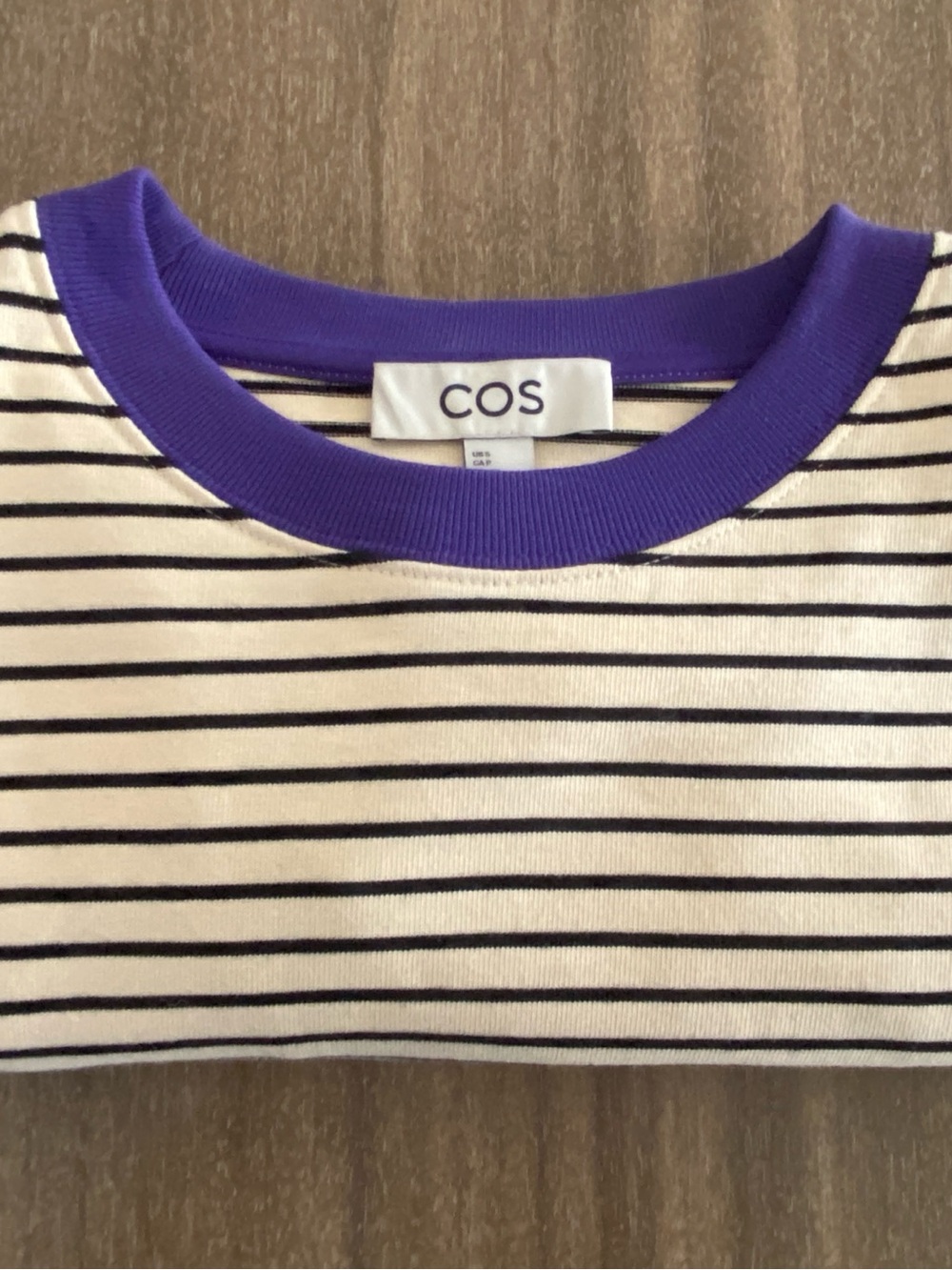 COS Striped Long-Sleeve Top in Cream with Black Stripes and Purple Trim Size S